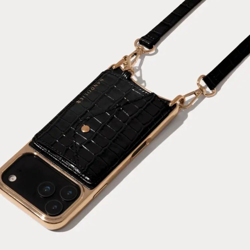 Bandolier Black Croc-Embossed Leather Crossbody I phone 16 case with Gold